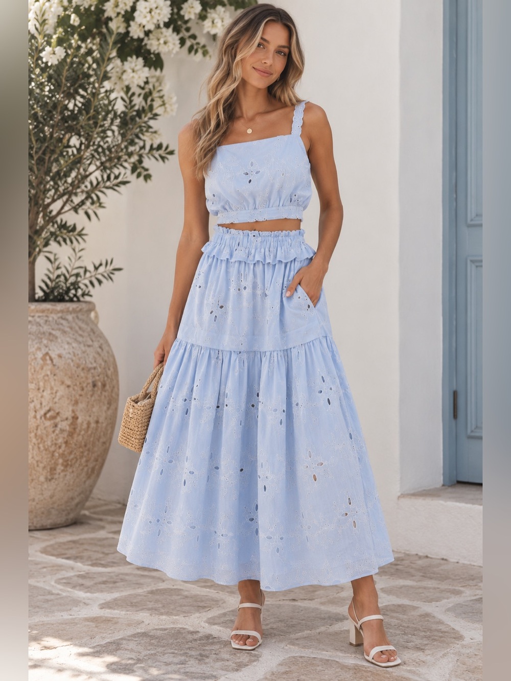 Light Blue Eyelet Maxi Skirt Set
